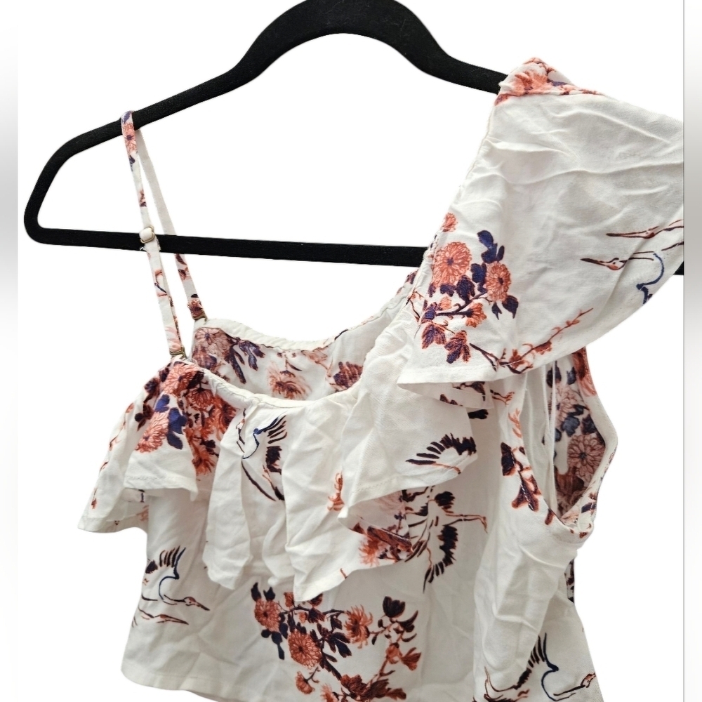 Roxy Lynnette Ruffled Floral White Crop Top Tapioca Serene Crane Print sz Small - Picture 5 of 9